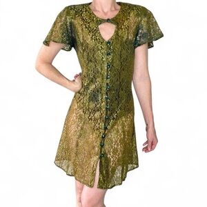 Vintage 90’s D.B.Y. Ltd. Green Sheer Lace Floral Coquette Mini Dress